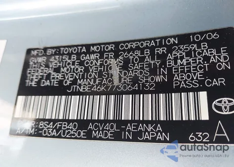 2007 Toyota Camry Le z USA, uszkodzony, nr VIN JTNBE46K773064132